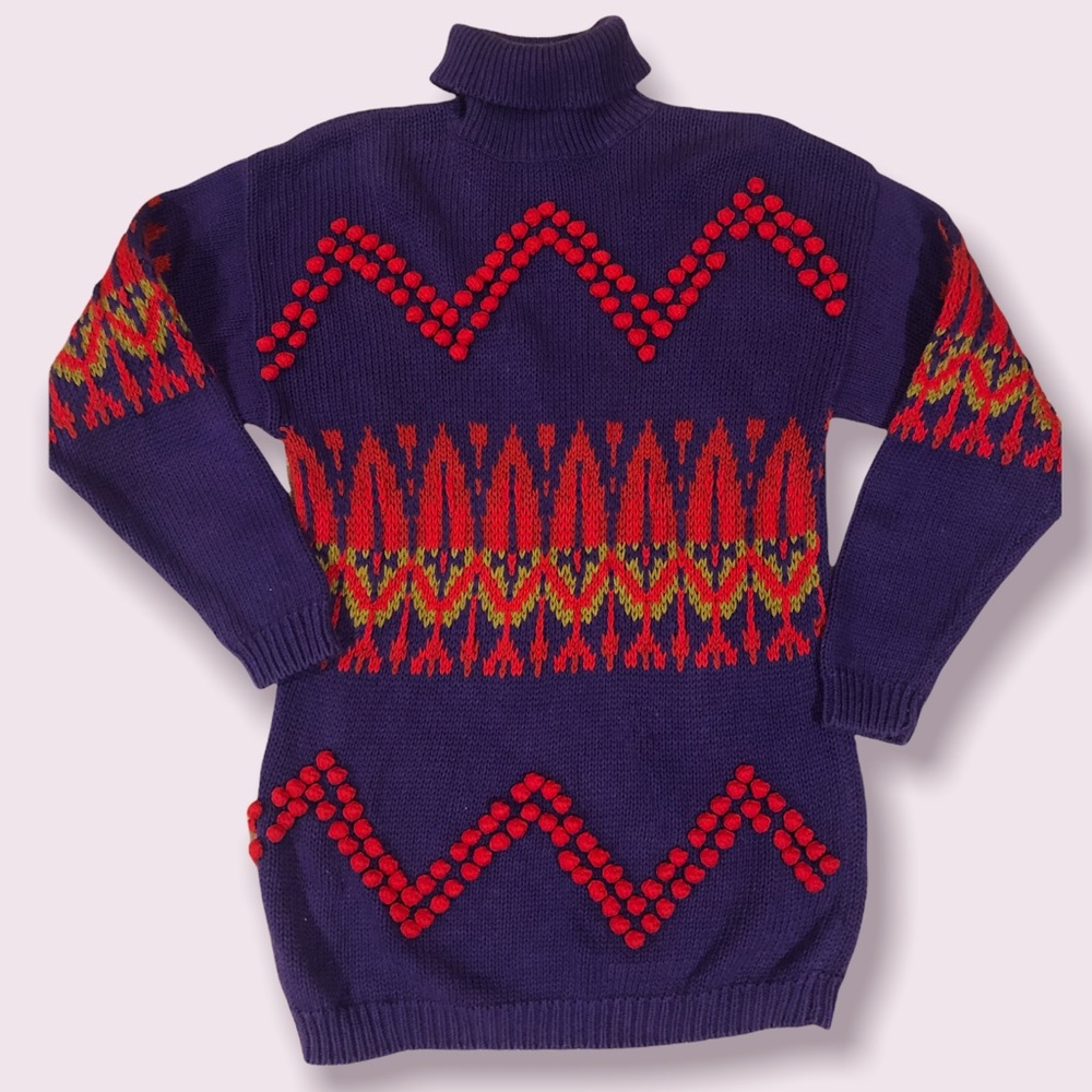 Vintage Multicolored zig zag Pom pom Turtle Neck Ugly Sweater